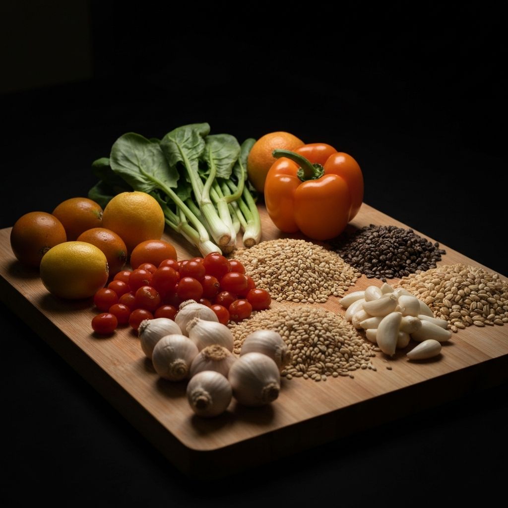 Cutting board displaying various food groups arranged by category