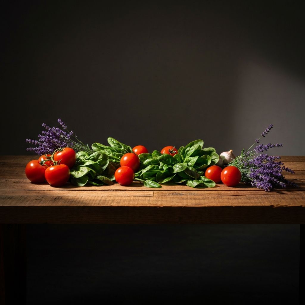 Fresh vegetables and herbs on rustic wooden table