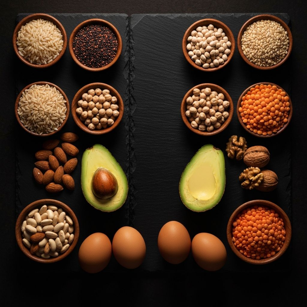 Arrangement of diverse ingredients representing proteins, fats, and carbohydrates